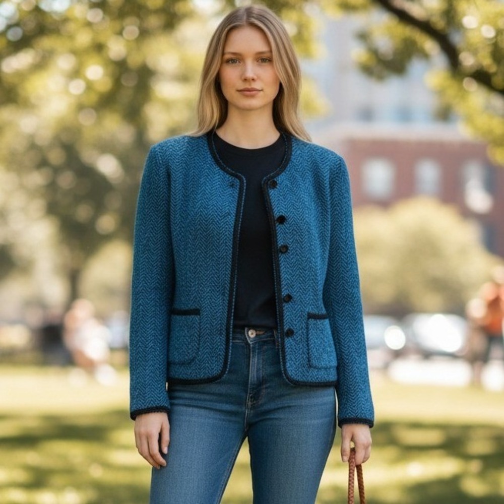 Lindsey Scott Sport Blazer Womens Small Teal Blue Herringbone Vintage Jacket